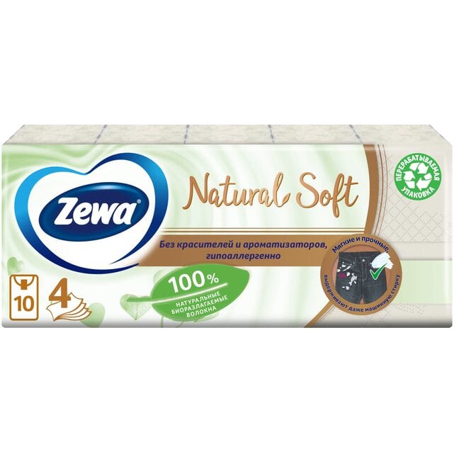 Zewa Natural Soft Платочки носовые бумажные 4 слоя 10x9 штук