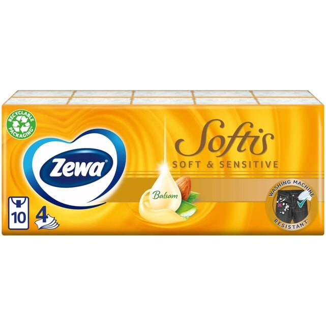 Zewa Softis Soft & Sensitive Платочки носовые бумажные 4 слоя 10x9 штук